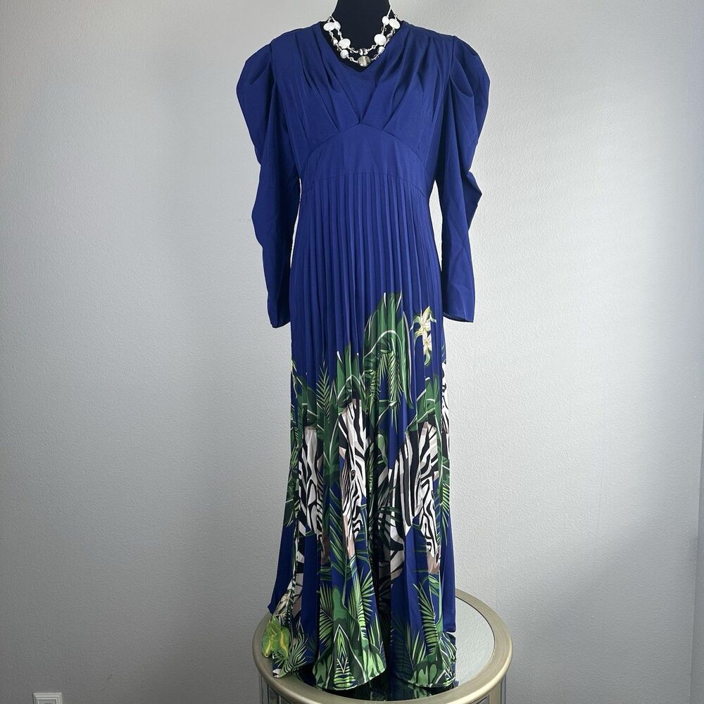 Tropical Zebra Jungle Print Large Maxi Dress Pleated Vibrant Boho Safari Style